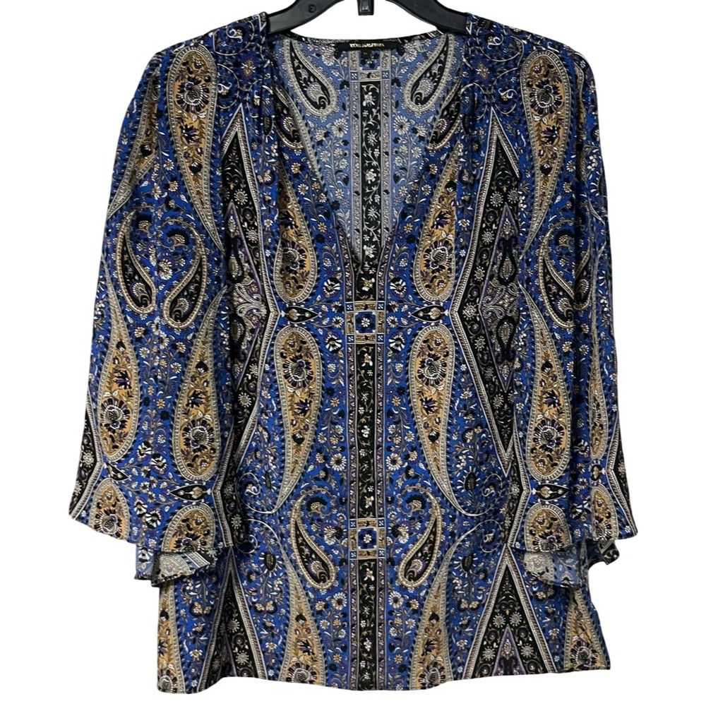 Kobi Halperin Blue Paisley Silk V-Neck Bell Sleeve Blouse Womens M